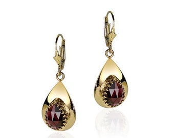 14K Yellow Gold Earrings,Red Garnet Teardrop Filigree Earrings,14K Yellow Gold Filigree Drop Earrings, Gold Filigree Garnet Dangle Earrings