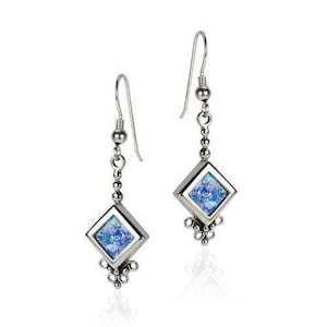 Roman Glass Earrings,Sterling Silver Earrings,Small Square Drop Earrings,Silver Dangle Earrings,Ancient Roman Glass Jewelry,Israeli Jewelry