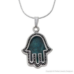 Eilat Stone Hamsa Pendant,Sterling Silver Necklace,Teal Gemstone Hamsa Necklace,Decorative Hamsa Hand,Israel Jewelry,Eilat Stone Jewelry