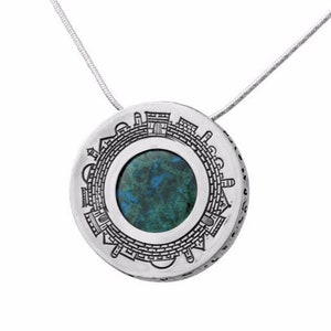 Eilat Stone Necklace,Sterling Silver Necklace,Jerusalem Pendant Necklace,Round Pendant,Teal Gemstone Necklace, Jewish Jewelry,Israel Jewelry