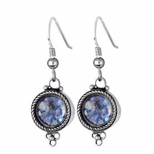 Roman Glass Earrings,Sterling Silver Drop Earrings, Small Round  Earrings,Silver Dangle Earrings,Ancient Roman Glass Jewelry,Israeli Jewelry