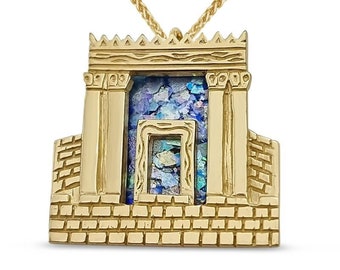 Pendentif temple de Jérusalem en or jaune 14 carats, collier en verre romain, vieille Jérusalem et verre romain, bijoux judaïques, cadeau religieux d'Israël