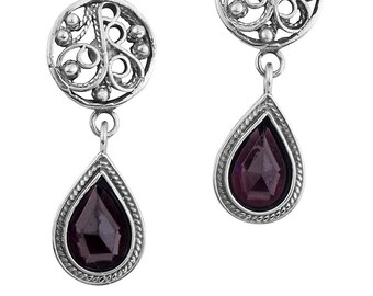 Pendientes de plata para mujer, pendientes de lágrima de granate rojo de plata, pendientes colgantes de filigrana yemenita, pendientes de piedra de granate, pendientes redondos de filigrana