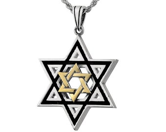 Colgante de estrella de David de plata y oro, collar Magen David, estrella judía de plata y oro, colgante para hombre, joyería judía, regalo de Bar Mitzvah
