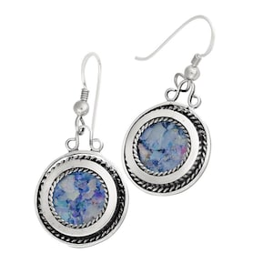 Roman Glass Earrings,Sterling Silver Round Earrings,Round Dangle Silver Stud Earrings,Ancient Roman Glass Jewelry,Israeli Jewelry