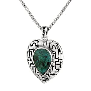 Eilat Stone Large Heart Pendant,Sterling Silver Love Necklace,Teardrop Eilat Stone Pendant,Teal Gemstone Pendant,Israel Jewelry