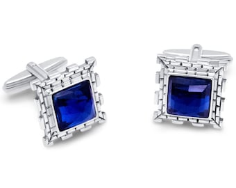 Sterling Silver Mens Cufflinks,Sterling Silver Gemstone Cuff links, Western Wall Kotel Jerusalem Jewelry,Blue Sapphire CuffLinks, Men&#39;s Gift