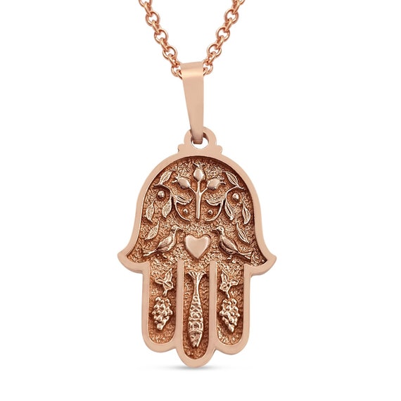 Small 14K Rose Gold Hamsa Pendant pomegranate peace Dove heart