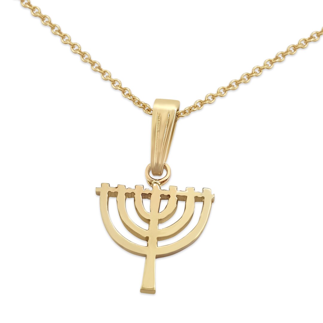 Small Yellow Gold Menorah Necklace,14k Solid Gold Tiny Charm,jerusalem