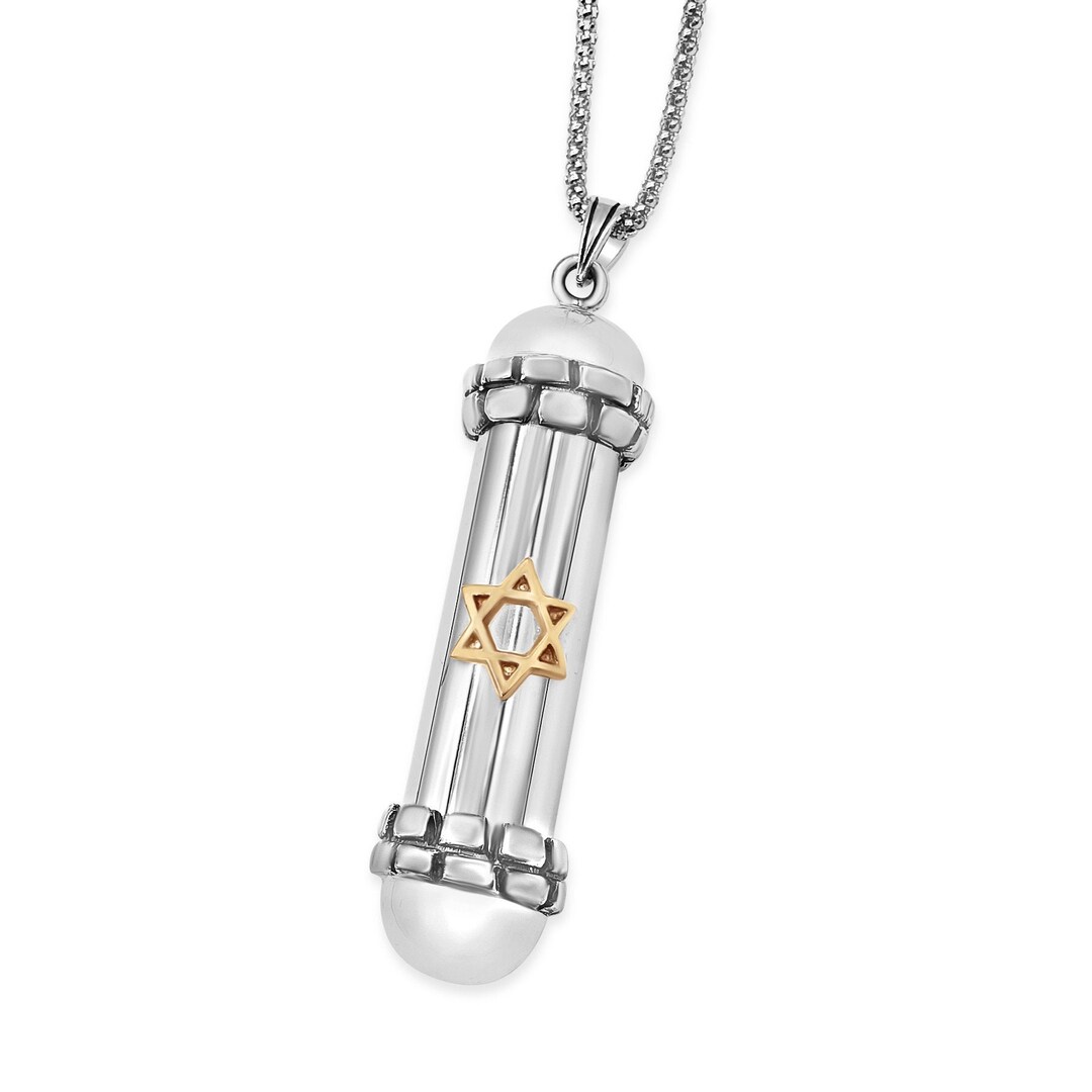 Silver Mezuzah Locket With Gold Star of David,israeli Judaica Necklace,gold Jewish Star Mezuzah