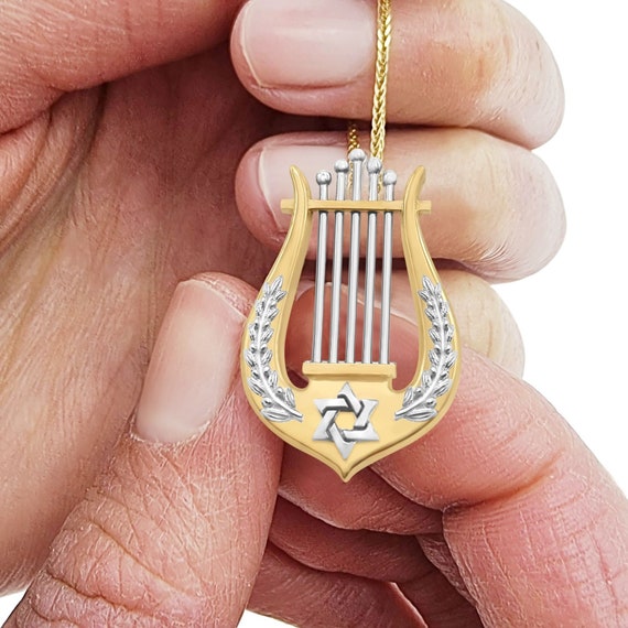 14K Yellow & White Gold Harp of David and Jewish Star Judaica Necklace