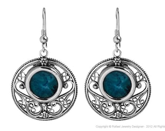Eilat Stein Ohrringe, Sterling Silber Ohrringe, Silber Filigrane Ohrringe, Baumeln Runde Frauen Ohrringe, Blau Grün Edelstein Ohrringe