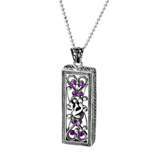 Silver Jewish Mezuzah Pendant,Silver Gemstone Filigree Mezuzah Necklace,Pink Ruby Pendant,Protective  Hebrew Pendant,Judaica Jewelry