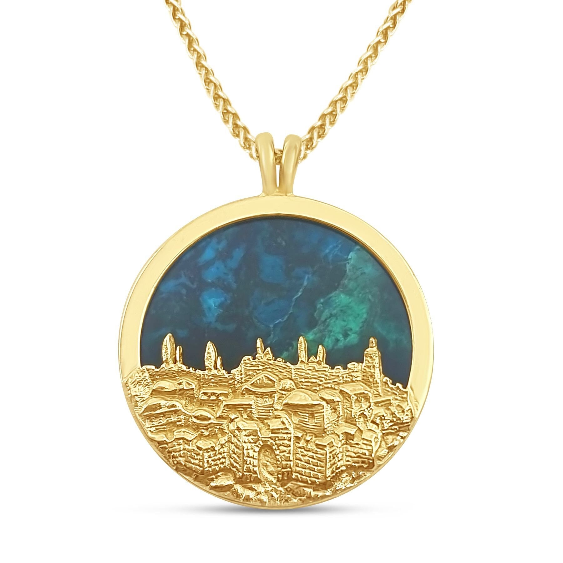 Eilat Stein 14 Karat Gold Jerusalem Halskette,steinzeitliche Schmuck,Jüdischer Schmuck aus Israel, jüdischer Anhänger für Sie, Jerusalem von Goldkette mit Eilat Stein