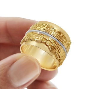 14K Yellow & White Gold Jerusalem Jewish Ring Biblical Jewelry