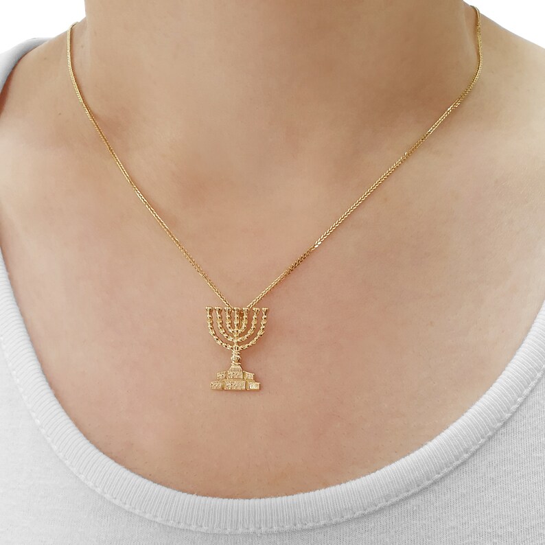 Yellow Gold Menorah Necklace 14K Solid Gold Charm Jerusalem Etsy