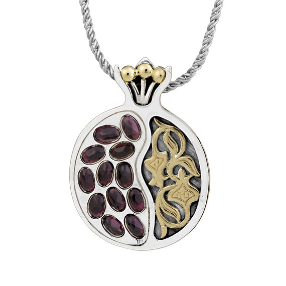 Silver and Gold Pomegranate,Oval Red Garnet Rimon Vine Necklace,Pomegranate Leaves Pendant,Judaica Fruit Pendant,Jewish Jewelry,Gift for Her