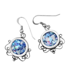 Roman Glass Earrings,  Sterling Silver Small Earrings, Silver Filigree Earrings, Dangle Round Women&#39;s Earrings, Ancient Roman Glass Jewelry