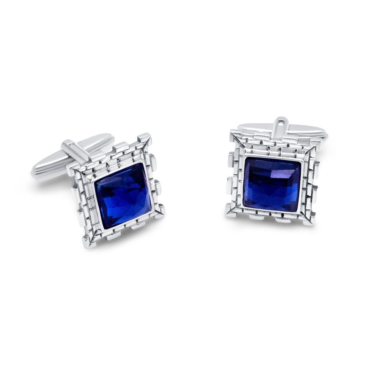 Sterling Silver Mens Cufflinks, Western Wall Kotel Jerusalem Jewelry, Blue Sapphire Groom Wedding Set, Sparkling Gemstone Bar Mitzvah Gift