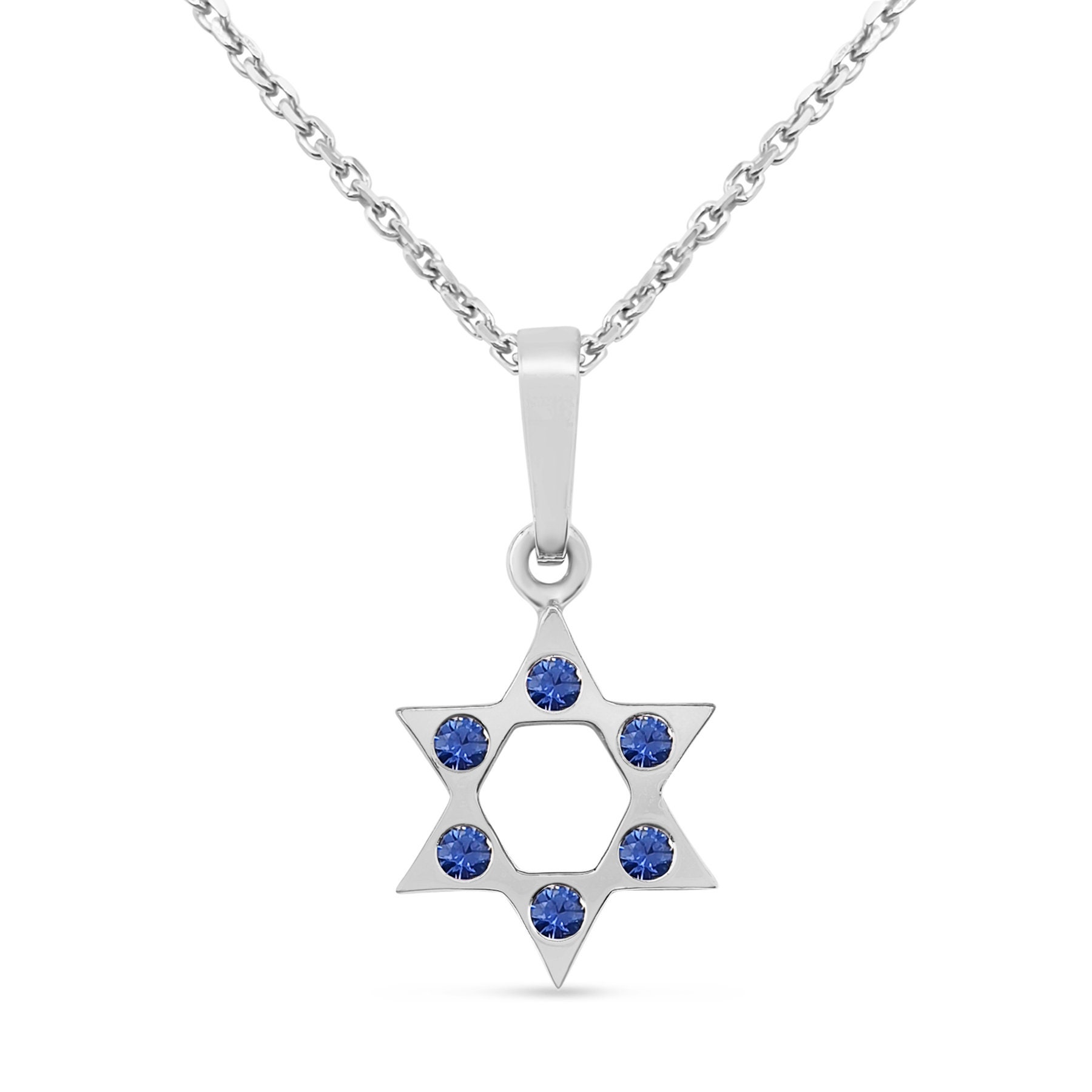 18K White Gold Israel Flag Pendant with Natural Diamonds and Blue Sapphire  Gems