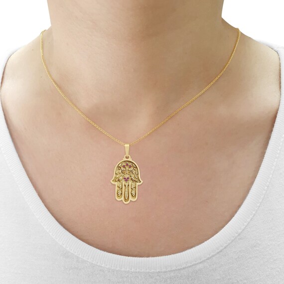 Large 14K Gold Hamsa Pendant With Pink 