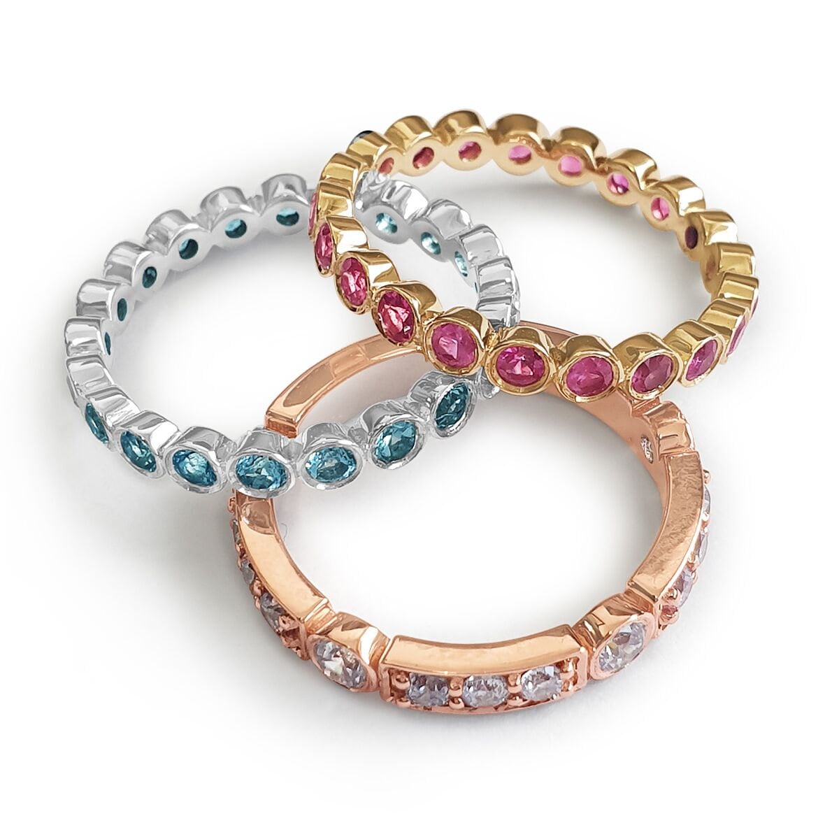 Three Tone Gold Full Eternity Stacking Ring,yellow Gold Pink