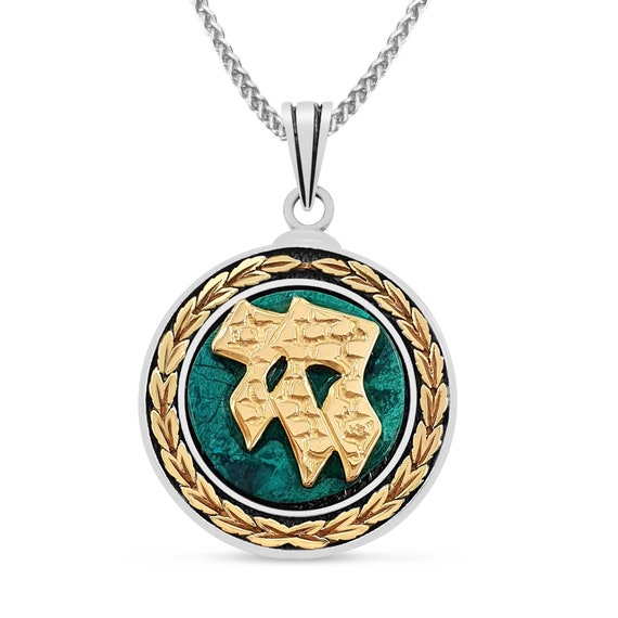 Gold Chai Pendantblue Green Eilat Stone 