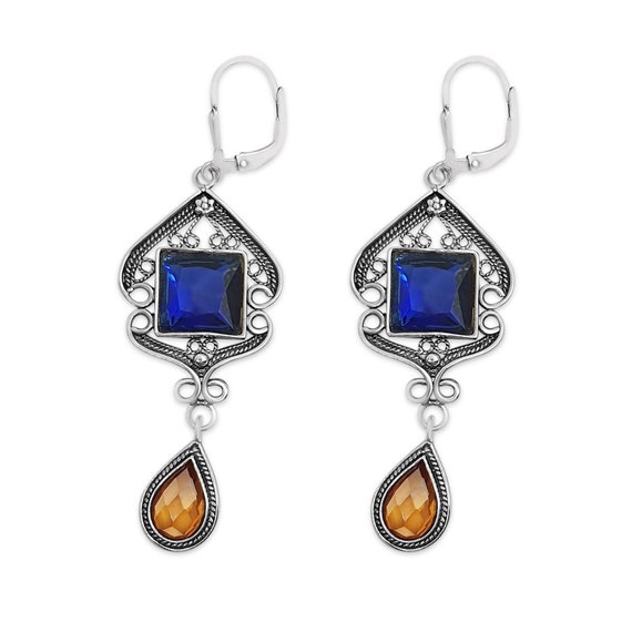 Sterling Silver and Dyed Red Corundum Square Dangle Earrings Sterling Silver and Dyed Red Corundum Square Dangle Earrings