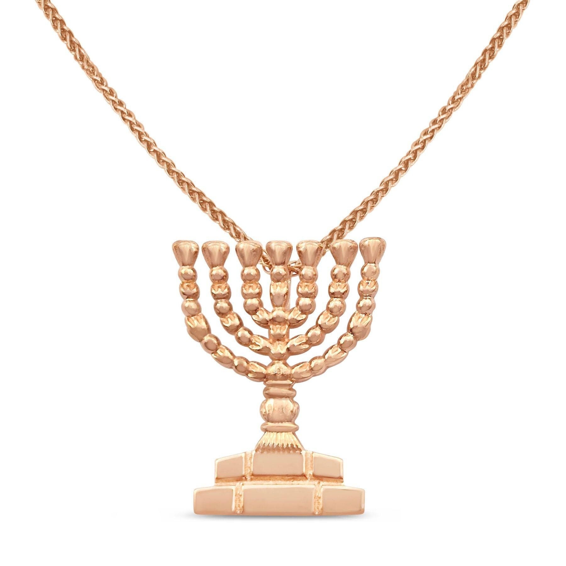 14Kソリッドローズゴールドメノーラーペンダント、伝統的なユダヤの