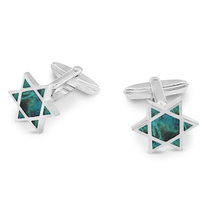 Sterling Silber Davidstern Manschettenknöpfe,Eilat Stein Judaica Schmuck für Mann,Jüdische Stern Manschettenknöpfe,Blau Grün Solomon Stein Magen David Manschetten
