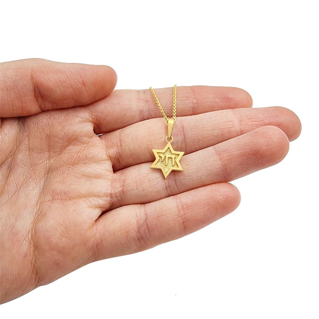 Small 14K Gold Star of David Pendant, Gold Chai Hebrew Letters