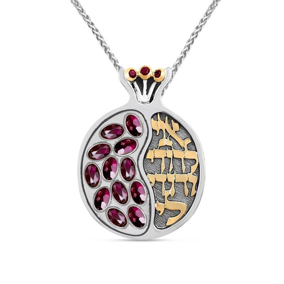 Silver and Gold Ani L dodi Pomegranate oval Red Garnet Gems Rimon