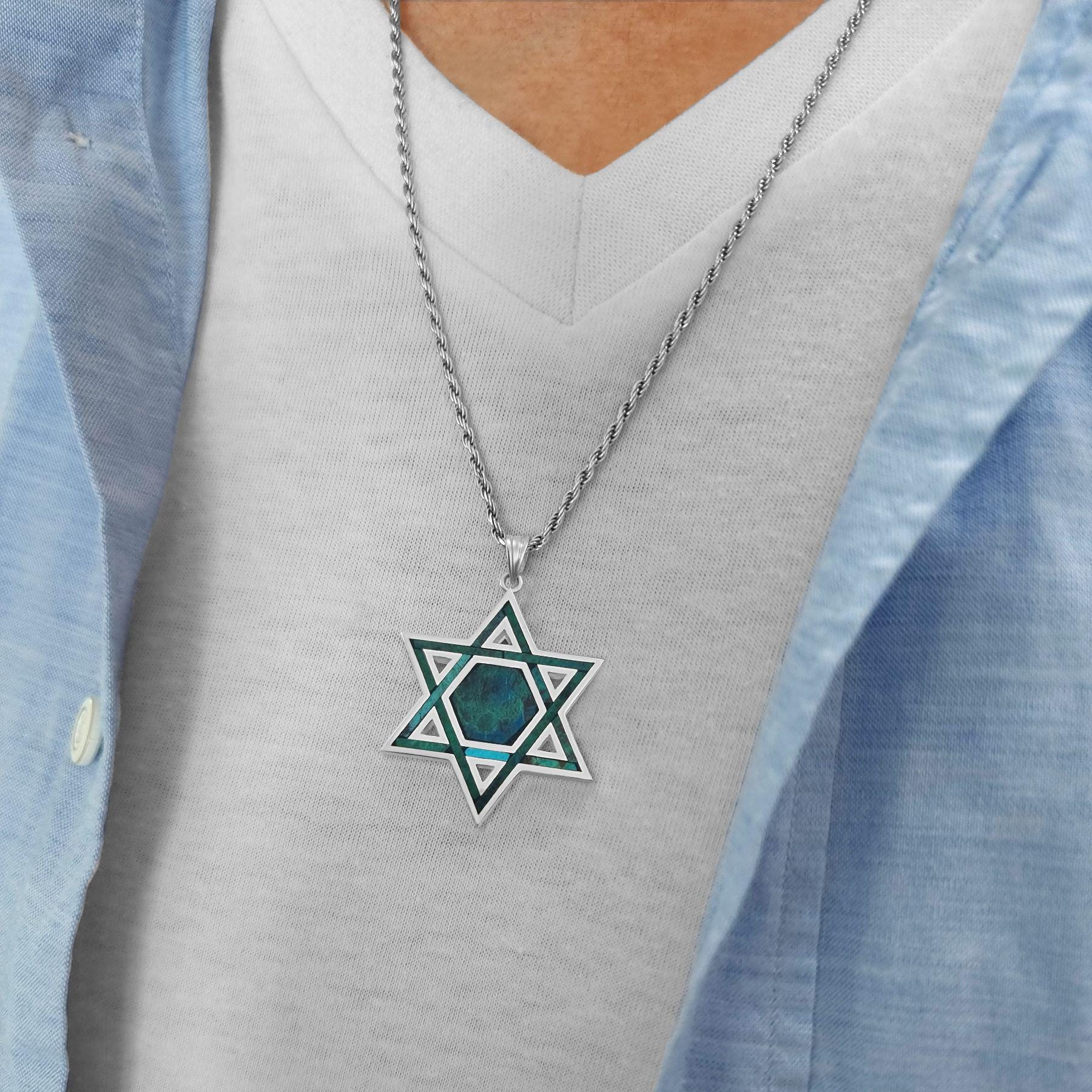 Israeli Star Chain Sterling Silver Jewish David Star With Israeli Eilat Stone Pendant,king ...