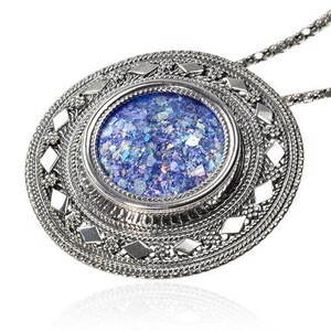 Roman Glass Round Necklace, Sterling Silver Large Pendant, Ornate Filigree Brooch, Silver Pin, Blue Roman Glass, Statement Yemenite Jewerly