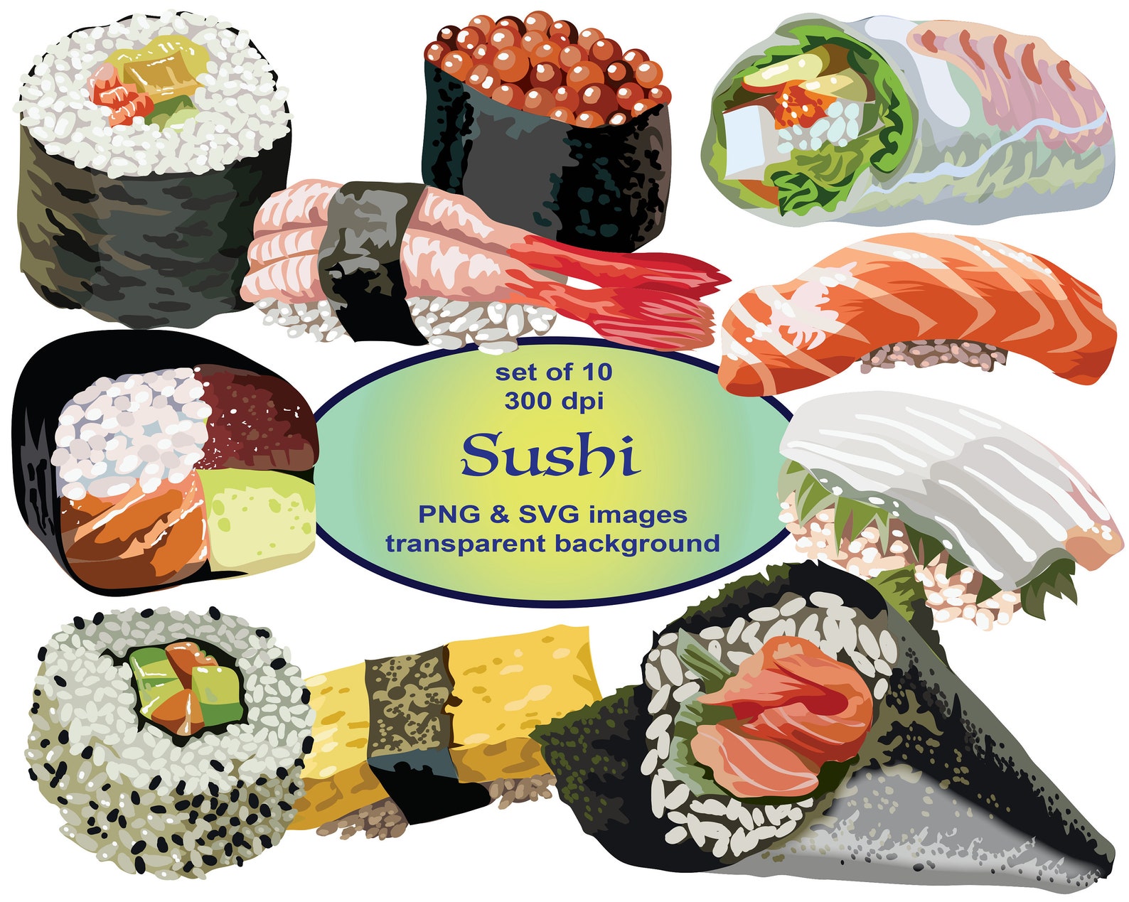 Sushi Clipart Food Clip Art SVG Clipart Commercial PNG | Etsy