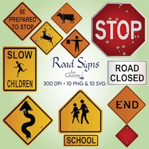 Rustic Road Signs Clipart, SVG Clipart, Construction Clip Art, Highway Signage, School Zone, Stop Sign, Deer Crossing, Teachers, Educational