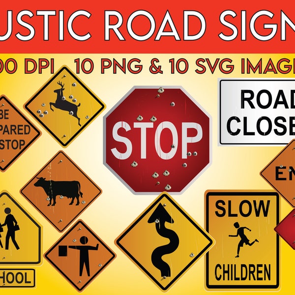 Rustic Road Signs Clipart, SVG Clipart, Construction Clip Art, Highway Signage, School Zone, Stop Sign, Deer Crossing, Teachers, Educational