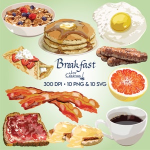 Food Clipart, Breakfast Clipart, SVG Clipart, Commercial, Eggs, Pancakes, Grapefruit, Omelette, Cereal, Toast, Coffee, Bacon