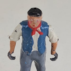 Vintage Lead Toy Figurine Metal Britains England Farm Worker Cart Barrow Pusher Farmer Miniature Figure Collectible Home Accent Decor