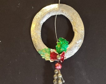 Vintage Christmas Tree Ornament Decoration Foil Wreath Bell Glass Bead Ball Bow Holiday Seasonal Christmas Accent Home Decor Silver Holly