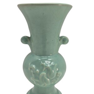 Vintage McCoy Green Matte Vase, Handle Raised Flower, Art Pottery Ceramic, Embossed
