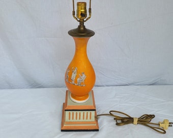 Vintage Glass Wood Greek Painting Table Lamp Light Orange Mid Century Modern MCM Accent Table Desk Home Decor Lighting Light