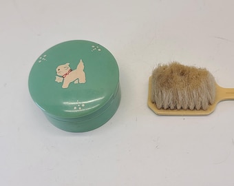 Vanity Brush Powder Box Vintage 1940&#39;S Celluloid Bakelite Baby Child Kitten Jar Hair Soft Bristle Green Kitten Cat Dog Doll Collectible Red