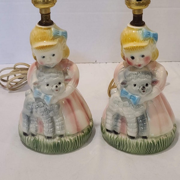 Pair Figural Ceramic Art Pottery Table TV Lamp Light Lil Bo Peep Girl Lamb 50s Pink Sheep Nursery Light Accent Lighting Home Decor Desk Hall