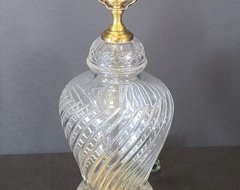 Vintage Mid Century Modern Glass Jar Cut Crystal Lamp Light Hollywood Regency Urn Lighting Table Desk Accent Brass Swirl
