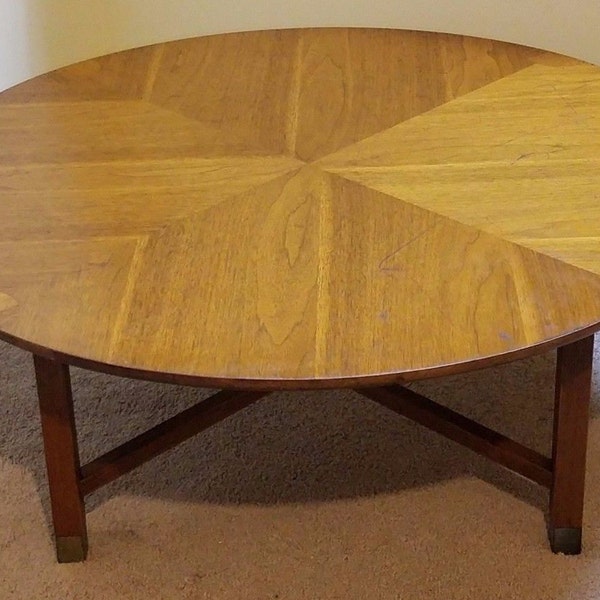 Vintage Mid Century Modern 39" Round Coffee Accent Living Room Console Table Mission Danish Style Eames Era Oak Wood Brown Chevron Organic