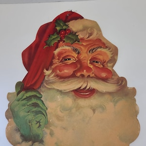 Vintage Christmas Santa Claus Head Face Decoration Die Cut Paper Cardboard 16&quot;Home Accent Holiday Seasonal Decor Wall Art Decoration Holly
