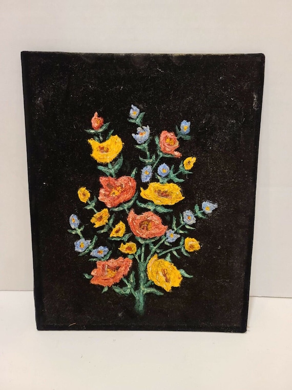 Vintage Antique Black Velvet Floral Flower Painting Art