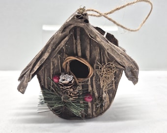 5" Bird House Christmas Tree Ornament Decoration Rustic Cottage Core Cabin Country Farm Holiday Seasonal Woodland Decor Handmade Crafted