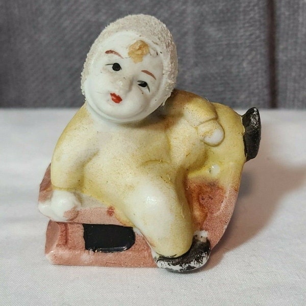 Vintage Bisque Snow Baby Figurine Christmas Porcelain Miniature Sled Sleigh 50s Snowbabies Figure Holiday Decor Decoration Seasonal Accent